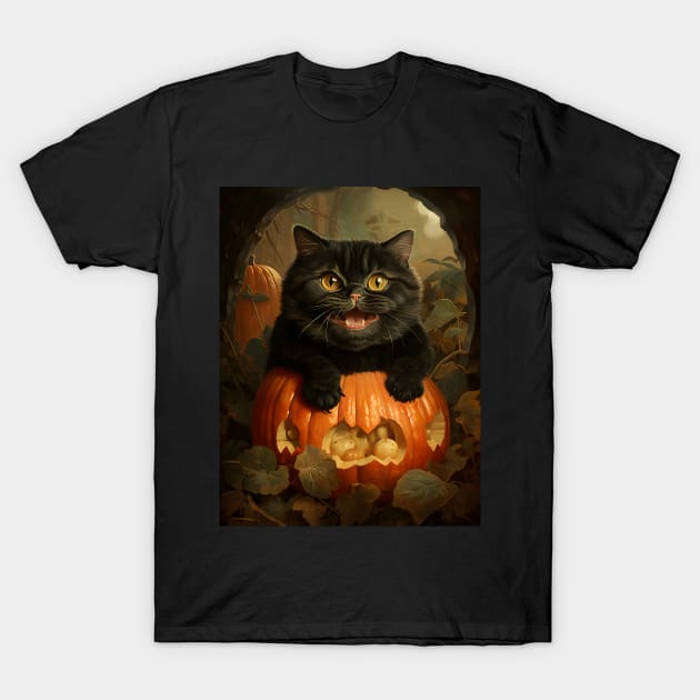 Retro Vintage Funny Chubby Black Cat and Pumpkin - Whimsical Autumn Delight T-Shirt by KittyStampedeCo